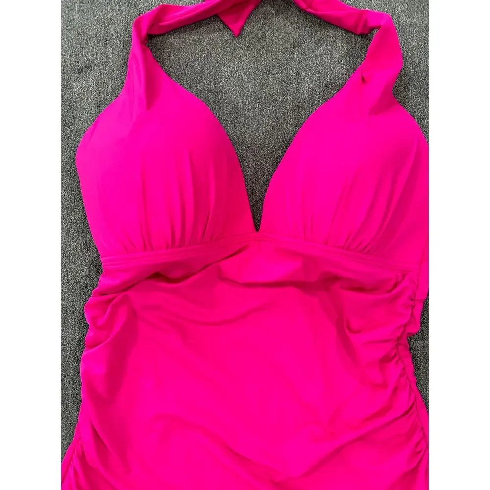 Ralph Lauren Beach Club Solid Molded Cup Halter Tankini Top Hot Pink Size 4 NWT